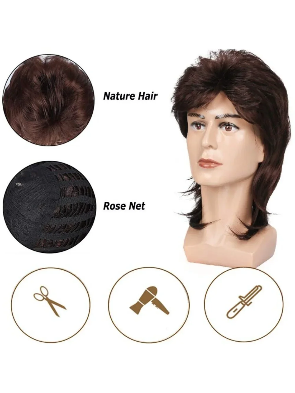 Men's Brown Heat Resistant Synthetic Fiber Long Hair Retro Mullet Wigs